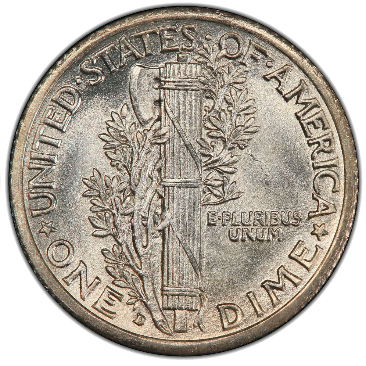 Genuine 1916-D Mercury dime reverse showing D mint mark