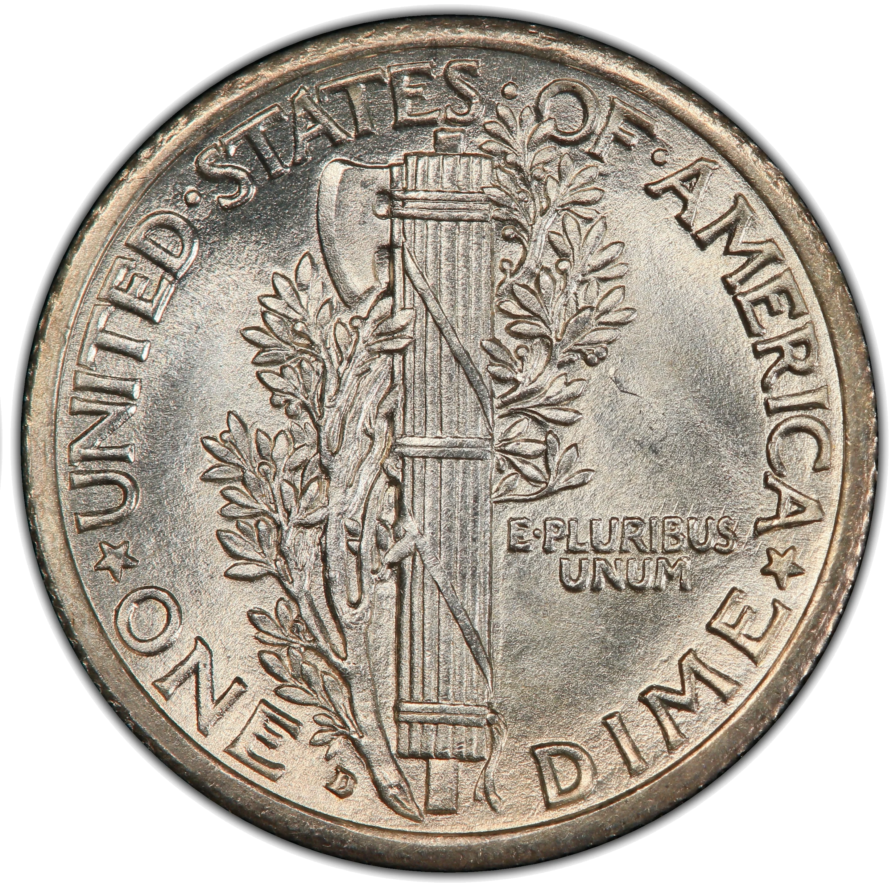 Genuine 1916-D Mercury dime reverse showing D mint mark