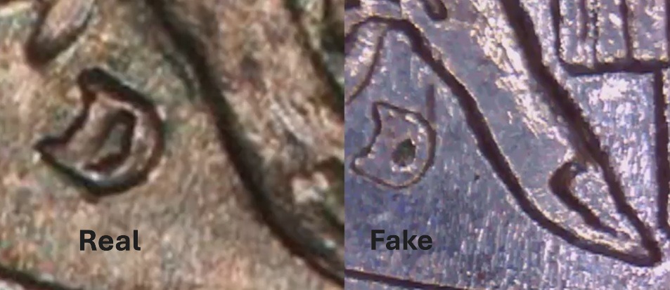 Close-up comparison: genuine vs. added D mint mark