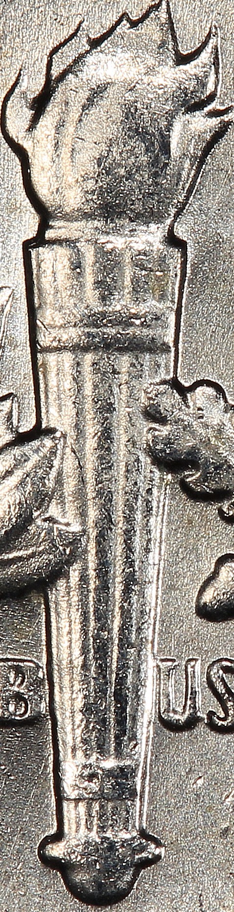 Roosevelt dime without Full Torch — flame lines merge