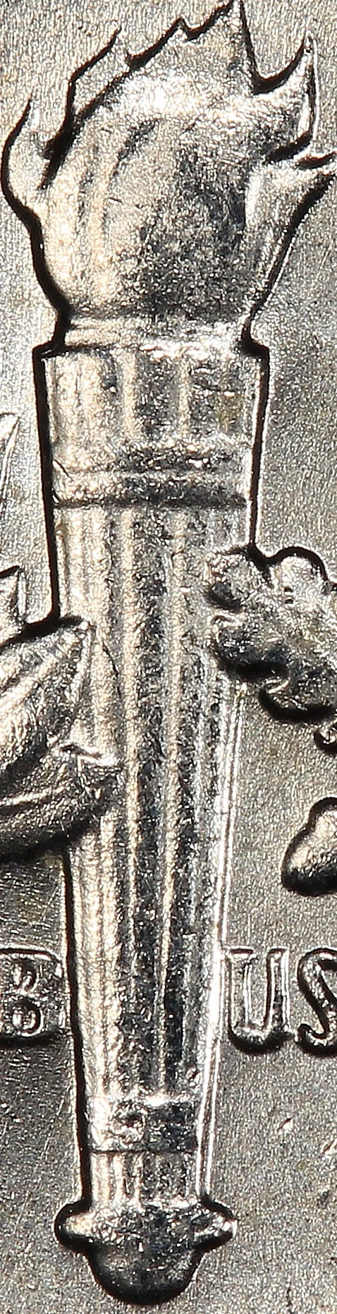 Roosevelt dime without Full Torch — flame lines merge