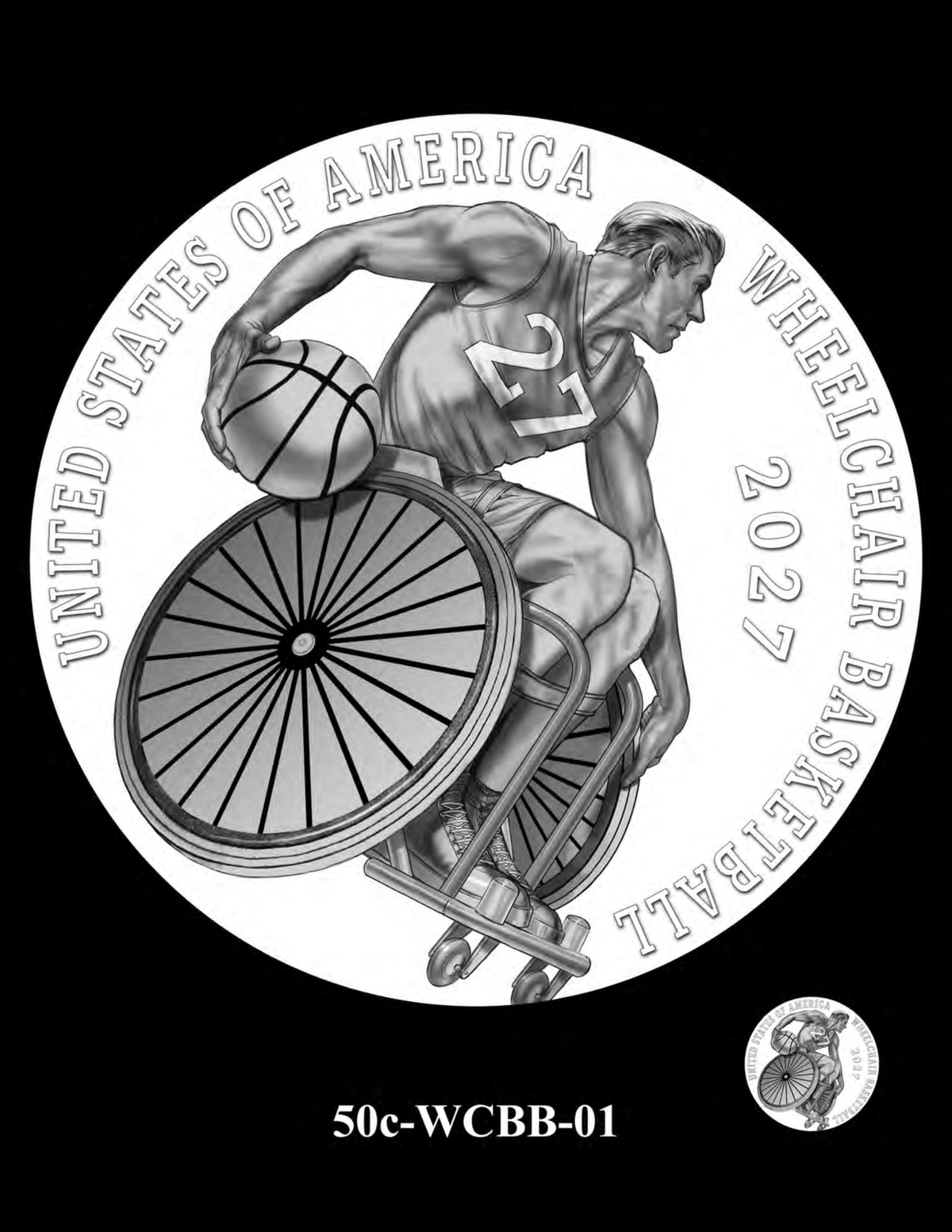 50c-WCBB-01 — winning wheelchair basketball design for the 2027 Paralympic Half Dollar
