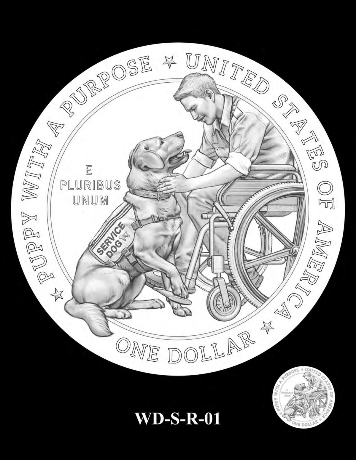 Working Dog $1 silver reverse — WD-S-R-01 service dog with wheelchair user