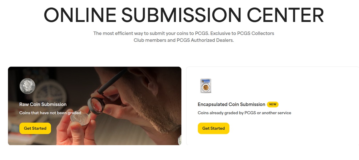 PCGS Online Submission Center 2.0 portal interface