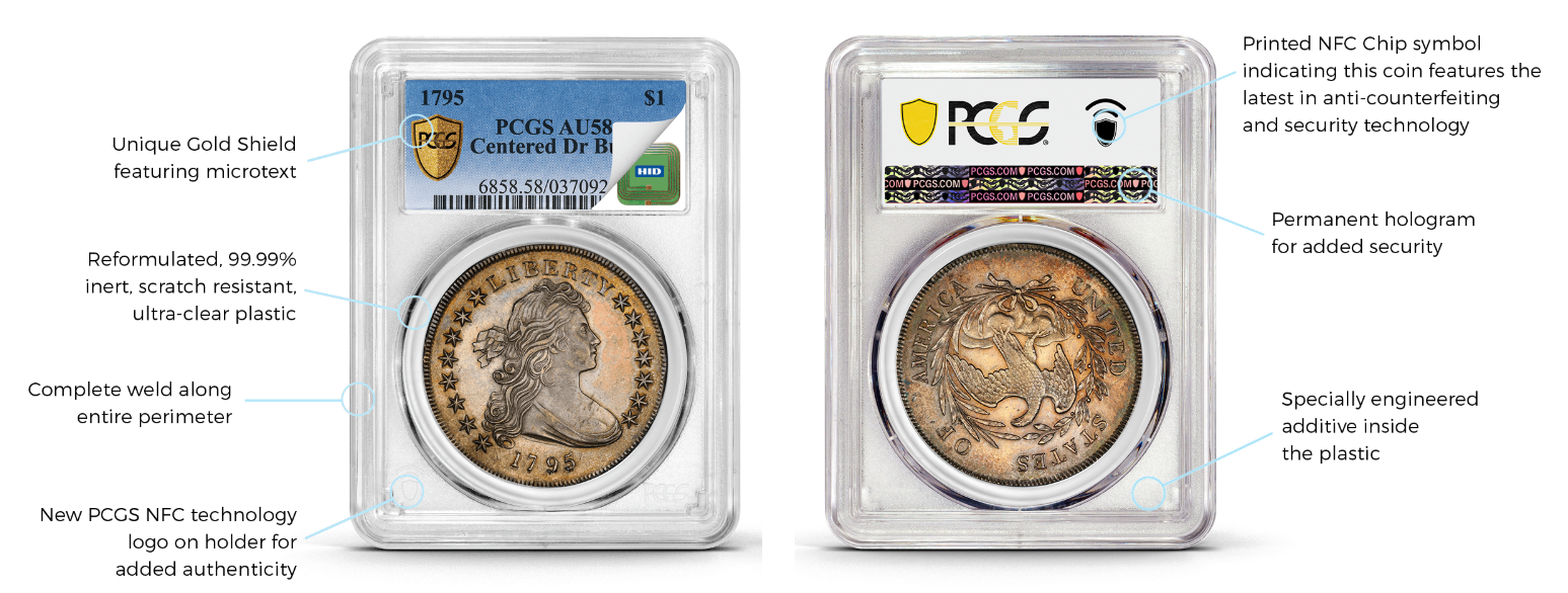Genuine PCGS holder with labeled security features
