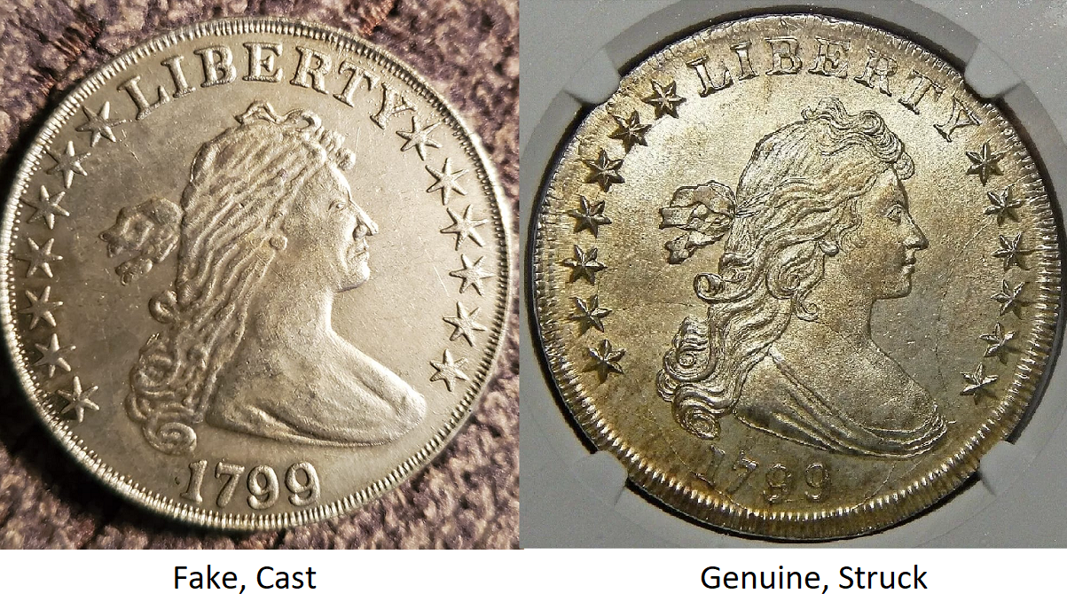 Counterfeit coin next to genuine coin — side by side comparison