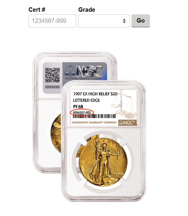 NGC Cert Lookup page showing coin verification details