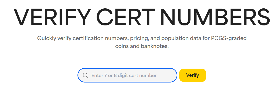 PCGS Cert Verification page showing coin details