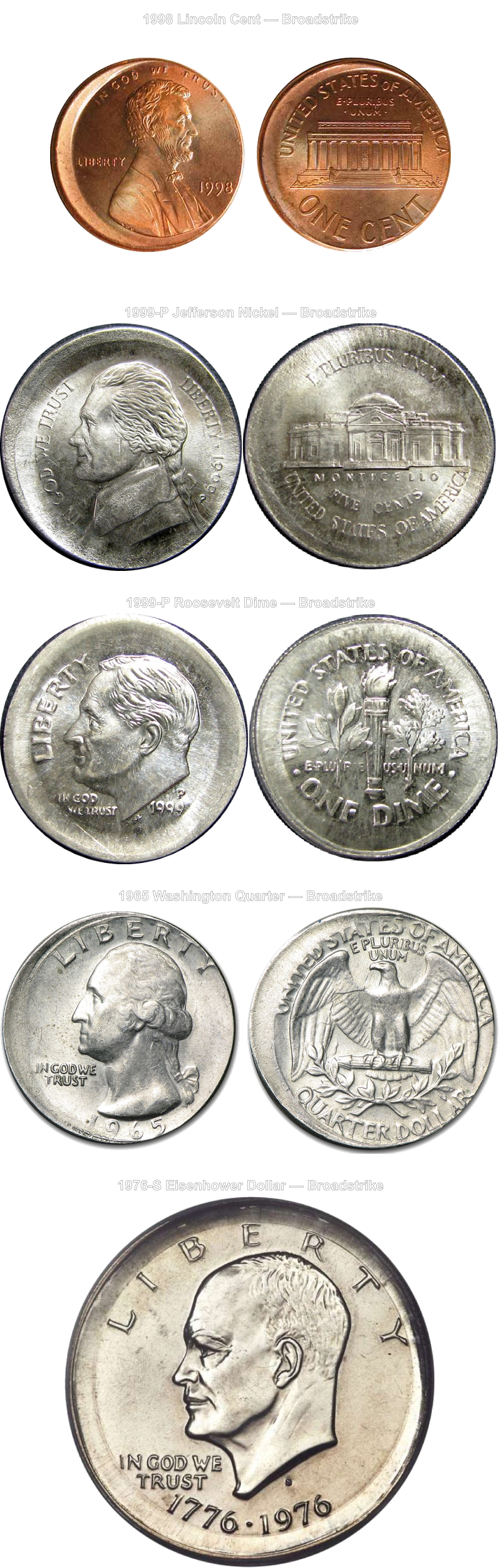 Broadstrike comparison showing examples across five denominations — cent, nickel, dime, quarter, and dollar