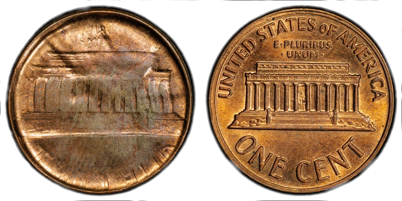 Early-stage brockage Lincoln Memorial Cent — incuse Lincoln Memorial on obverse, normal reverse