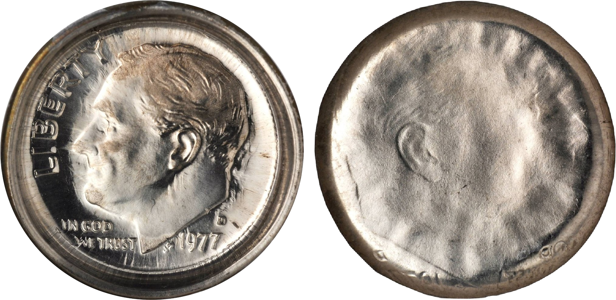 1977-D Roosevelt Dime early-stage capped die error — raised rim with incuse ghost portrait visible on reverse