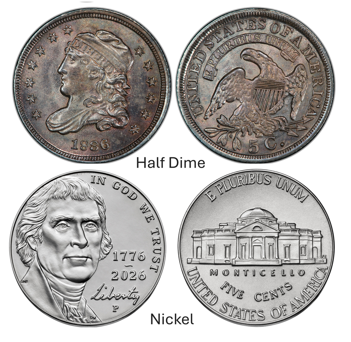 A silver half dime next to a modern nickel — the five-cent denomination's evolution from small silver to large base metal