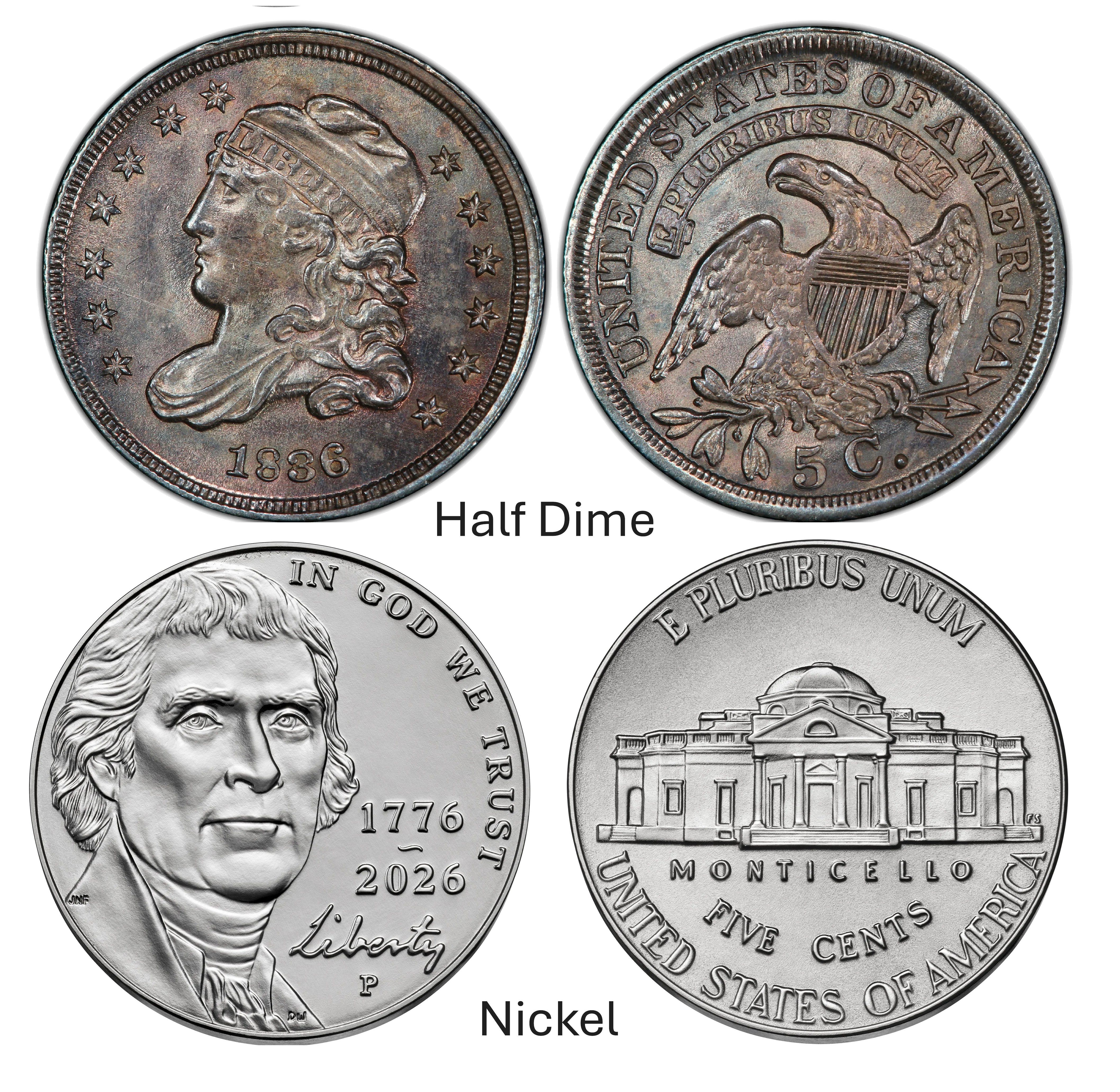 Silver half dime next to a modern nickel for size comparison
