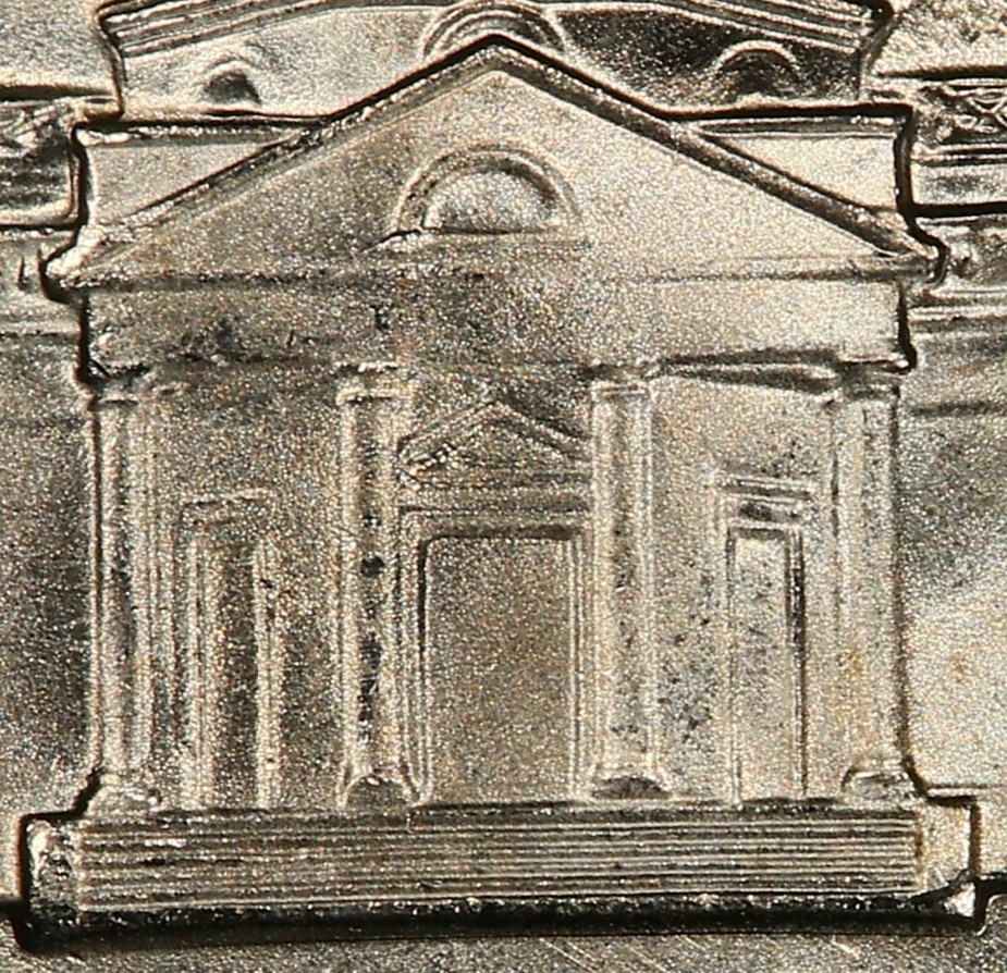 Jefferson Nickel reverse showing full, complete steps on Monticello — the Full Steps (FS) designation
