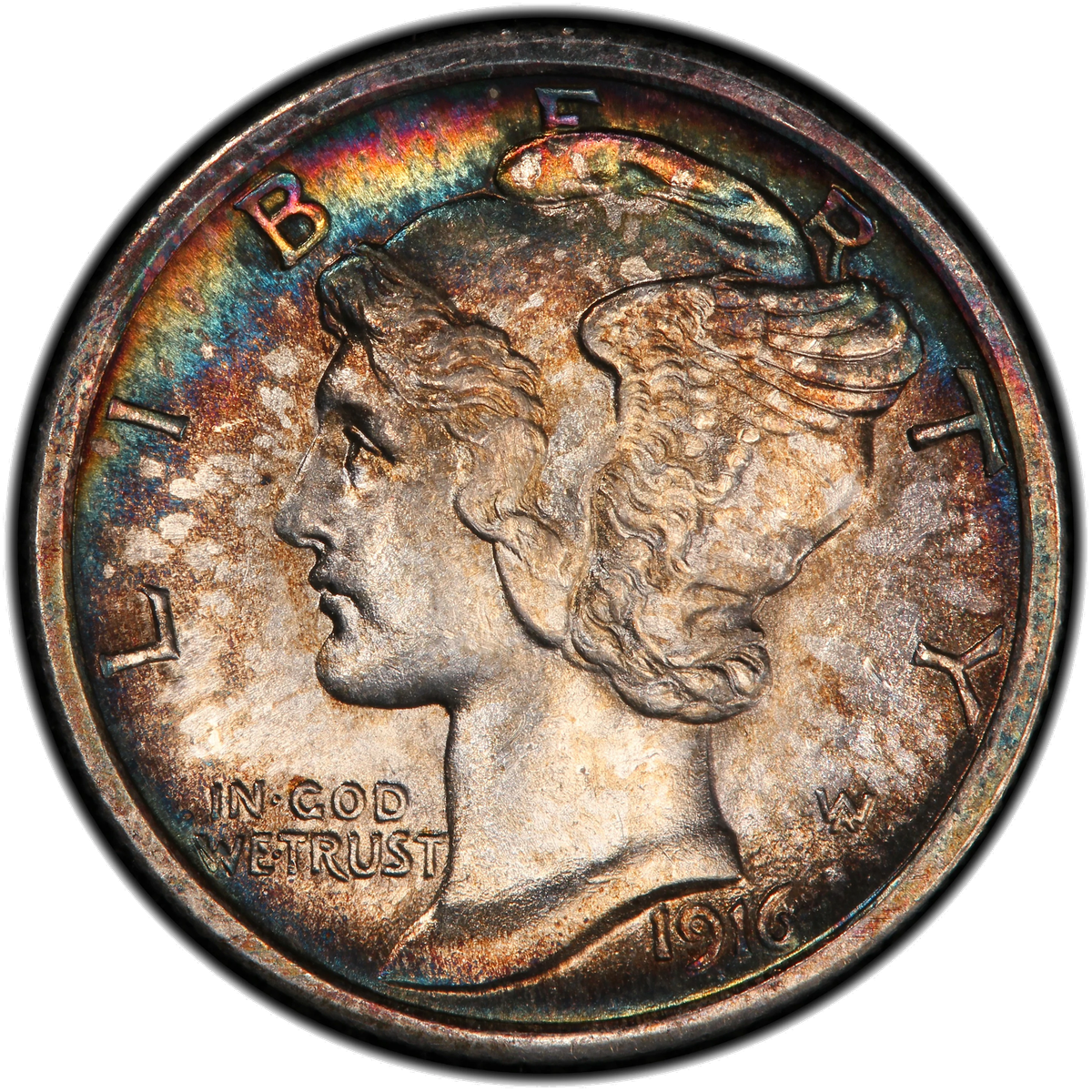 Mercury dime showing the winged Liberty cap design