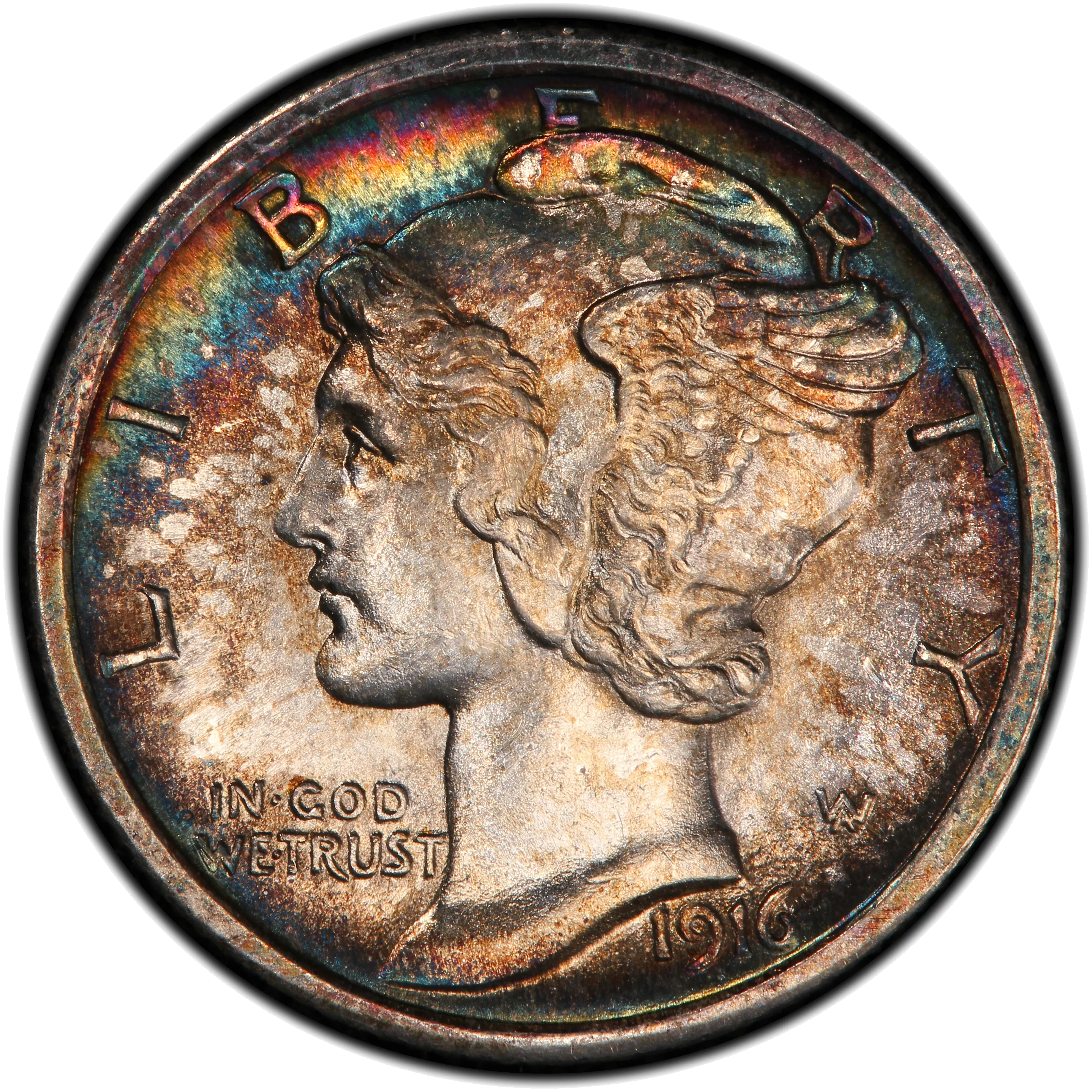 Mercury dime showing the winged Liberty cap design