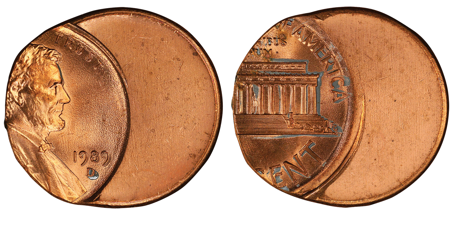 1989-D Lincoln Cent struck approximately 20% off-center — obverse and reverse