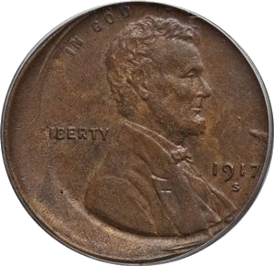 1917-S Lincoln Cent struck approximately 20% off-center — date and S mint mark fully visible