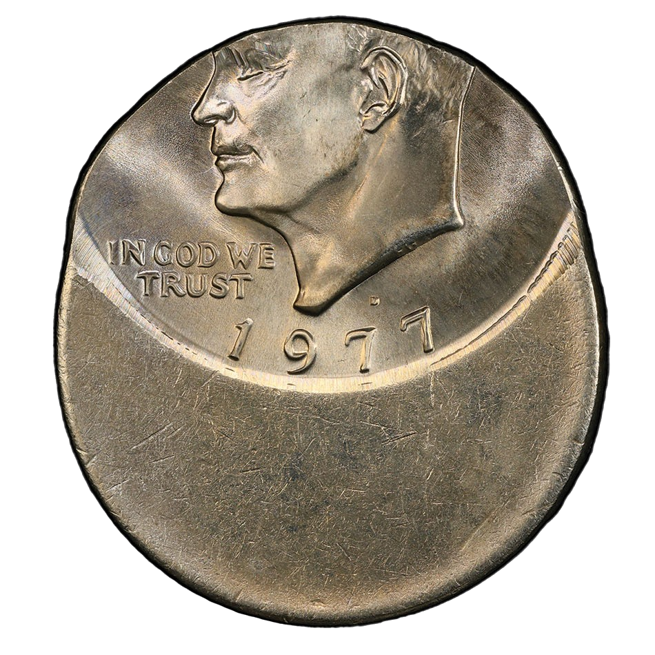 1977 Eisenhower Dollar struck approximately 50% off-center — only half the design is visible