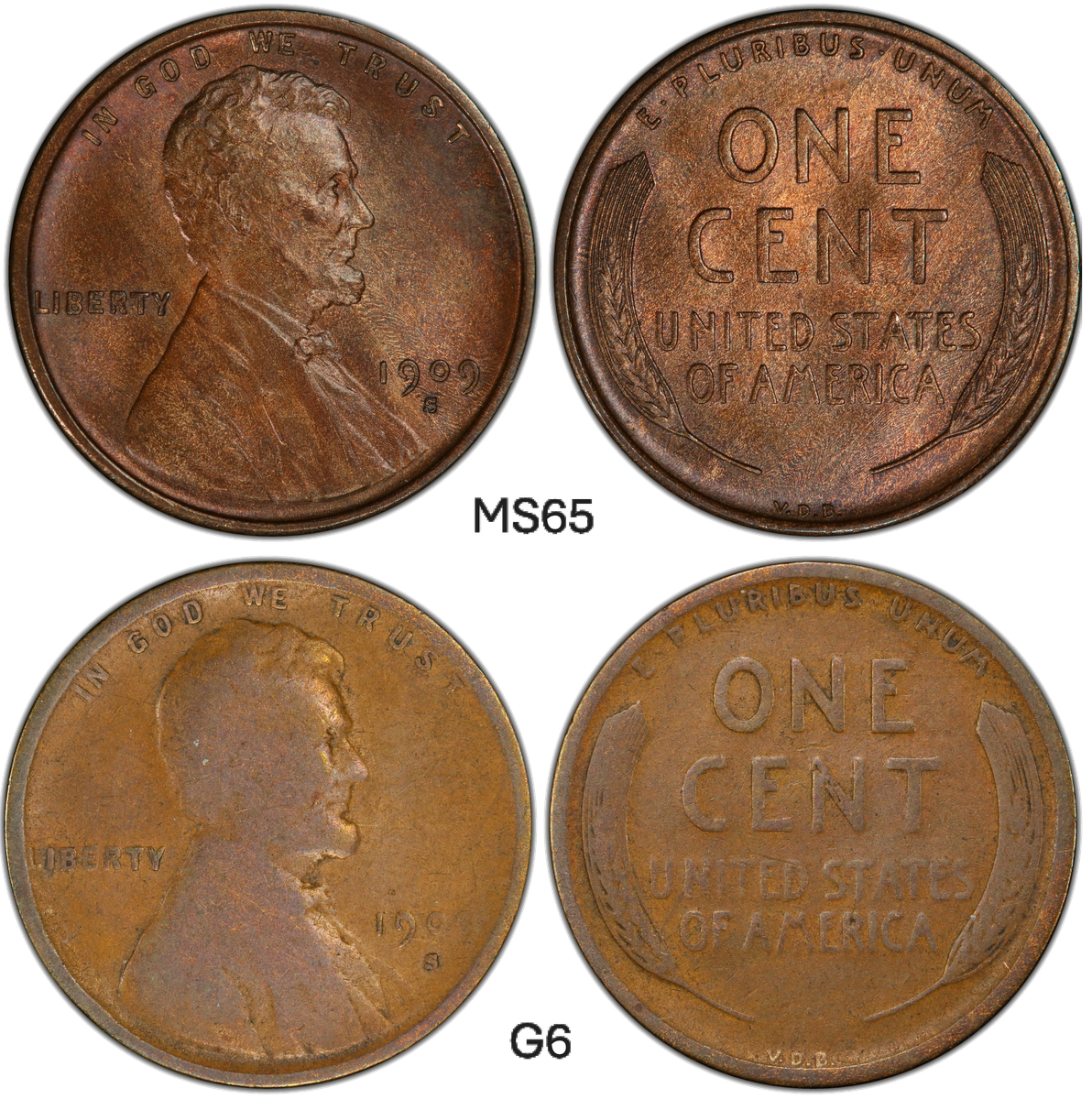 Same coin type in two different grades showing how condition affects value