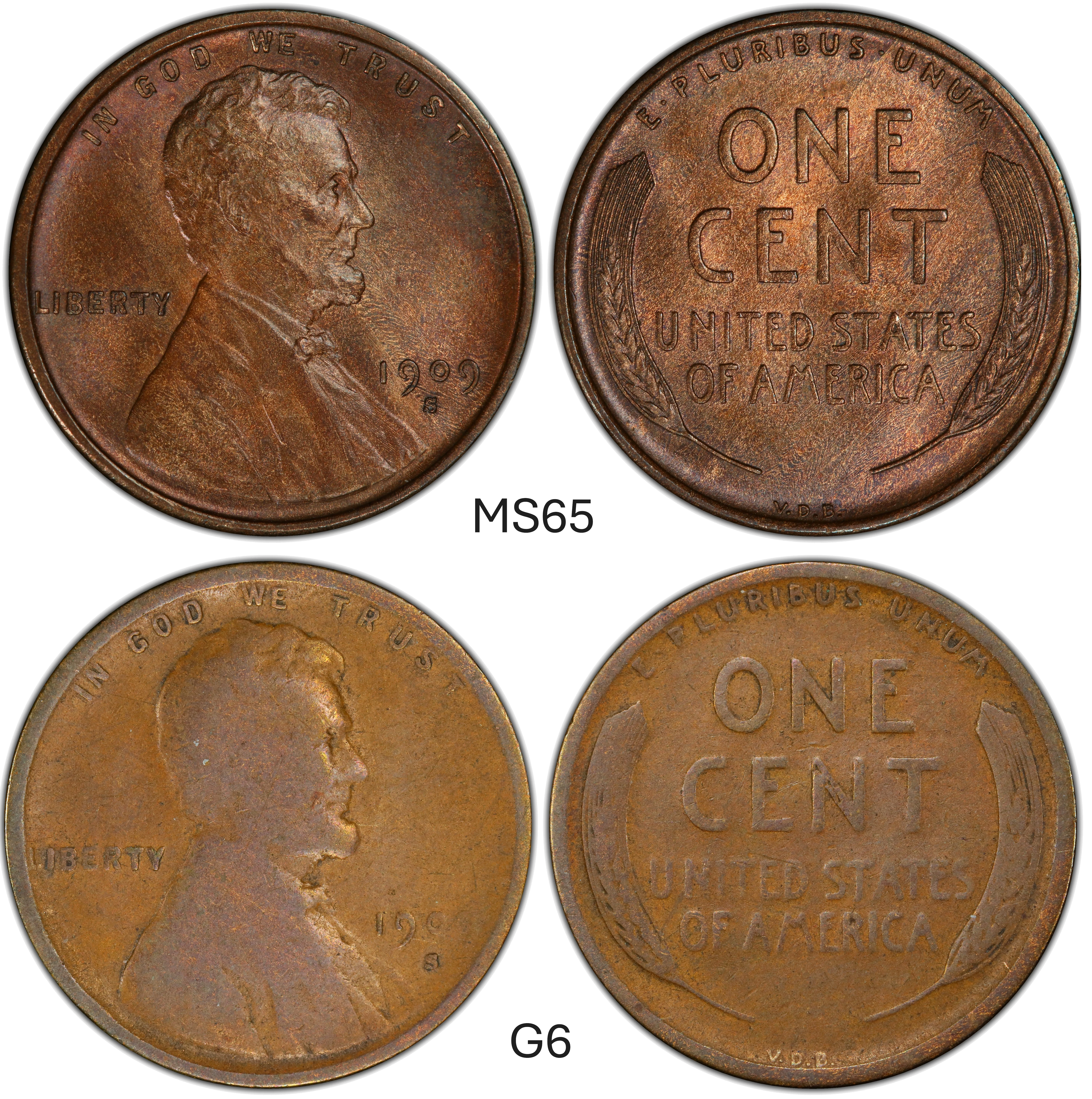 Same coin type in two different grades showing how condition affects value