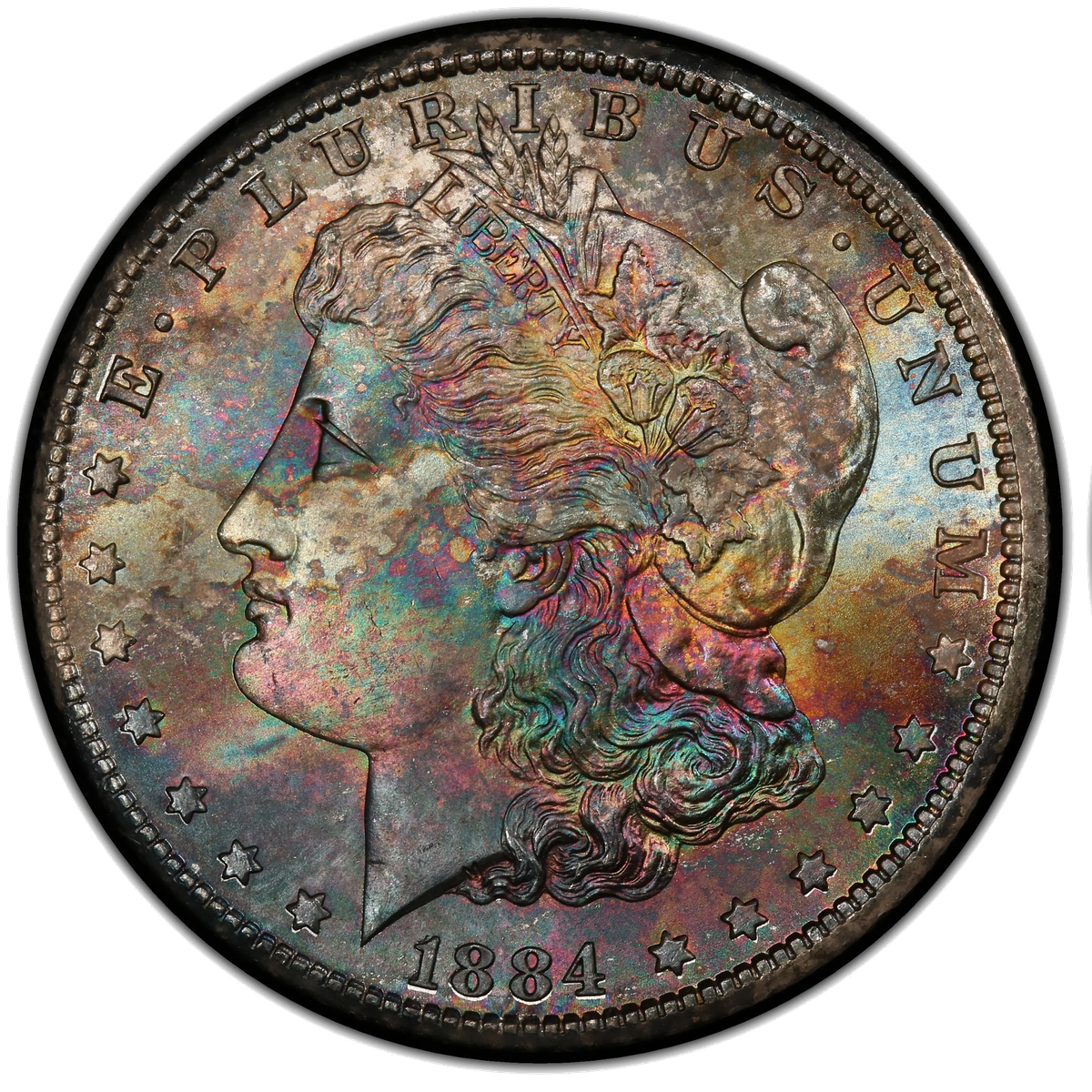 Beautifully toned Morgan dollar showing rainbow toning and eye appeal