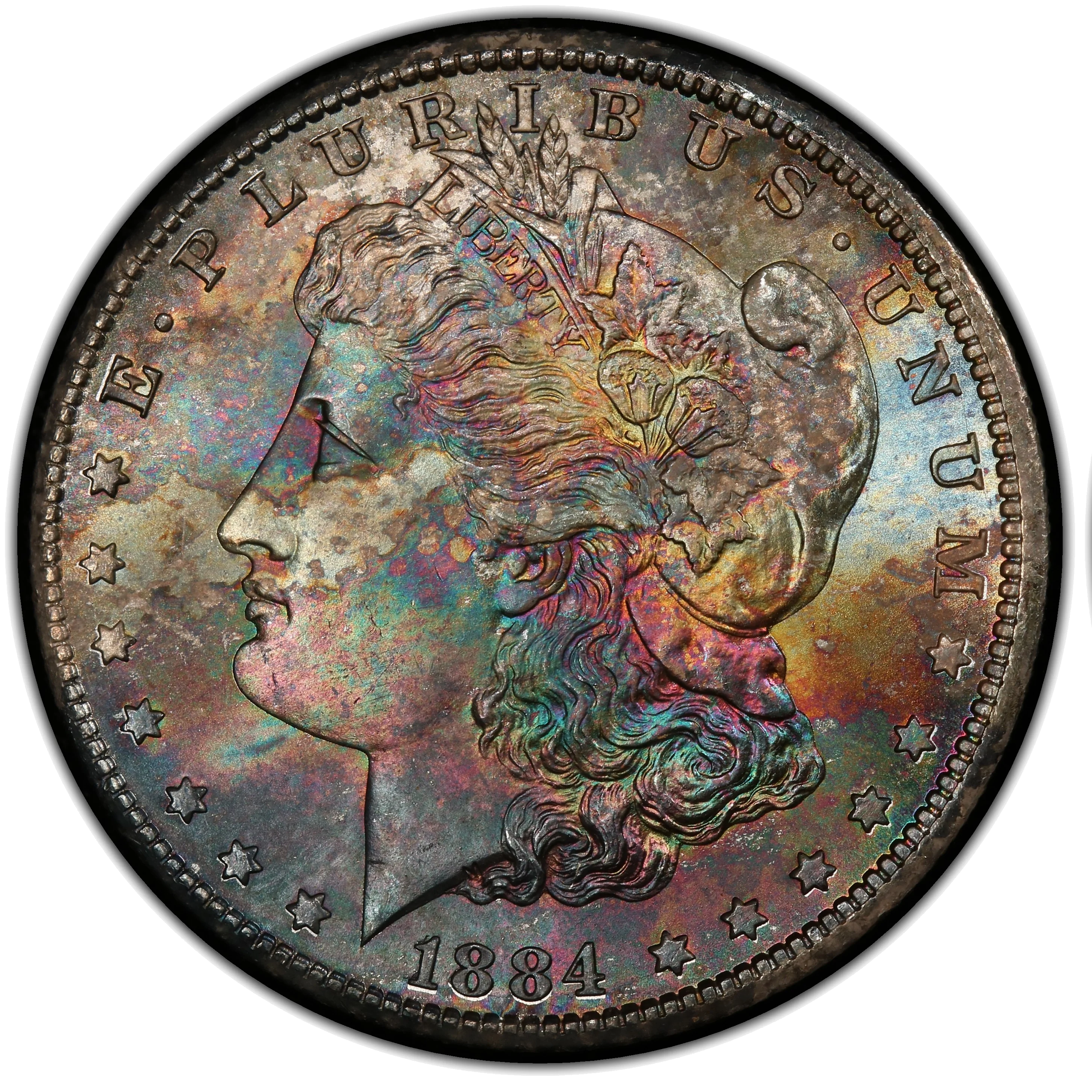 Beautifully toned Morgan dollar showing rainbow toning and eye appeal
