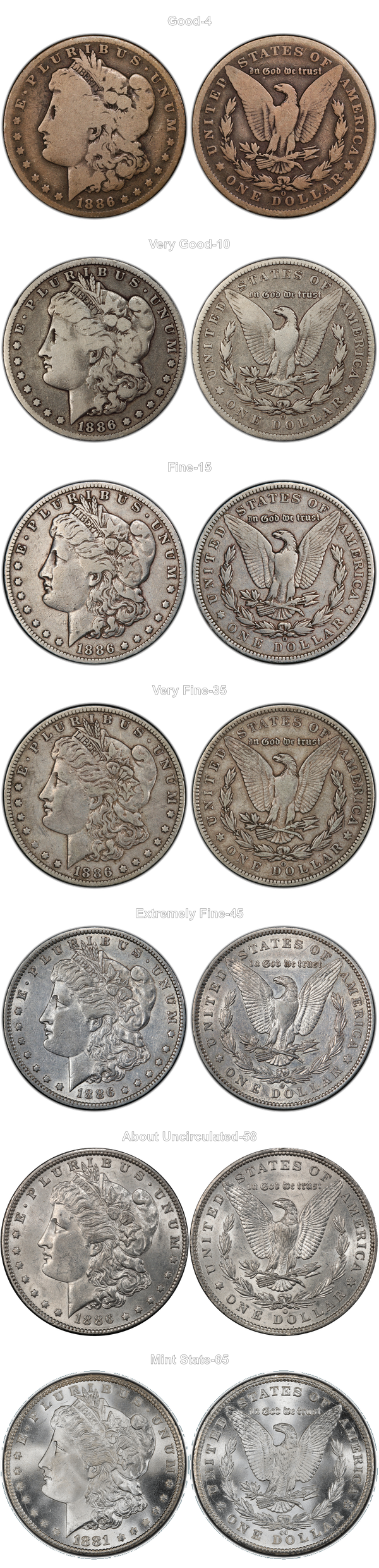 Morgan dollar grading progression from Good-4 through Mint State-65
