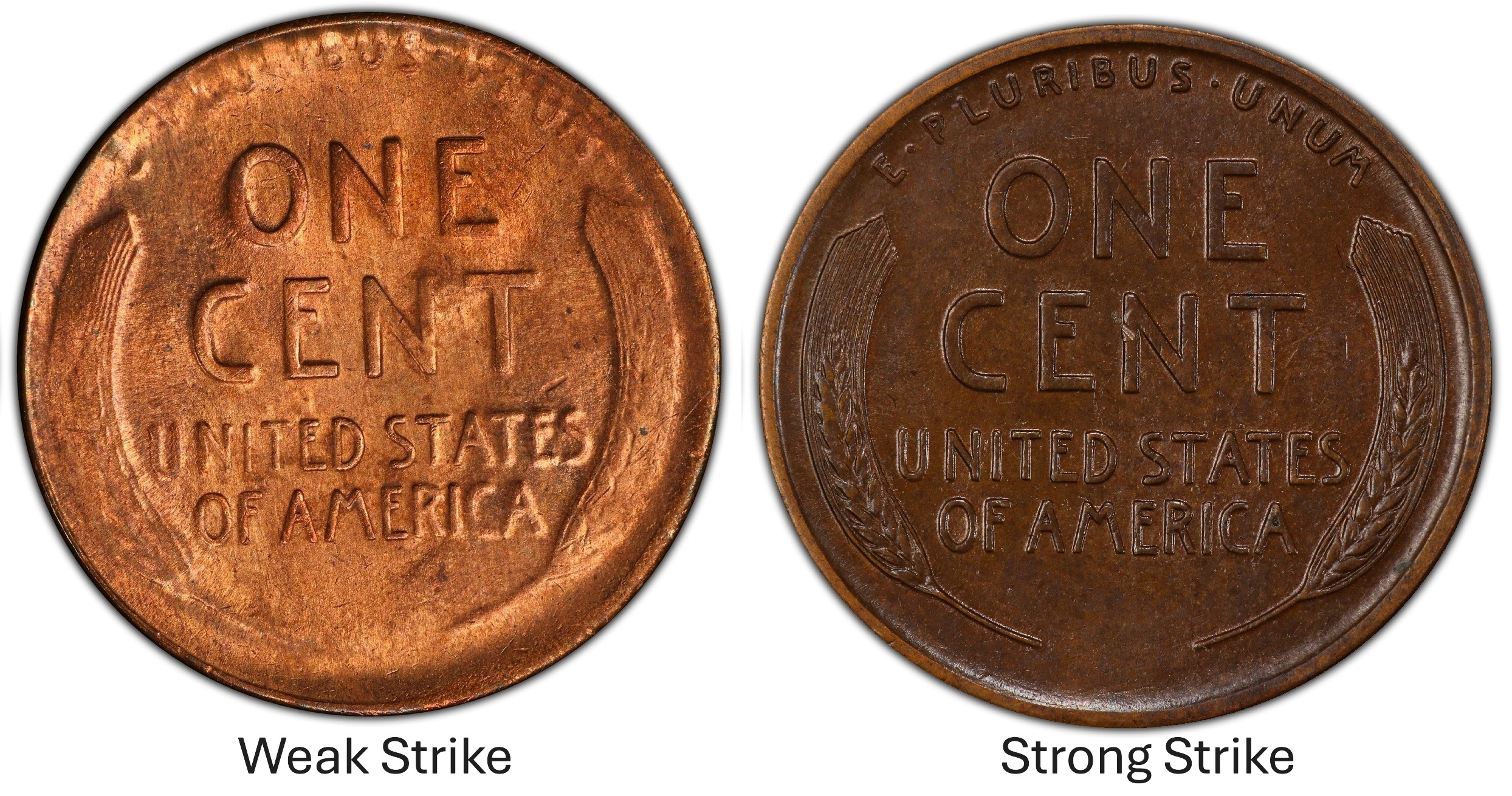 Well-struck coin compared to a weakly-struck coin of the same type