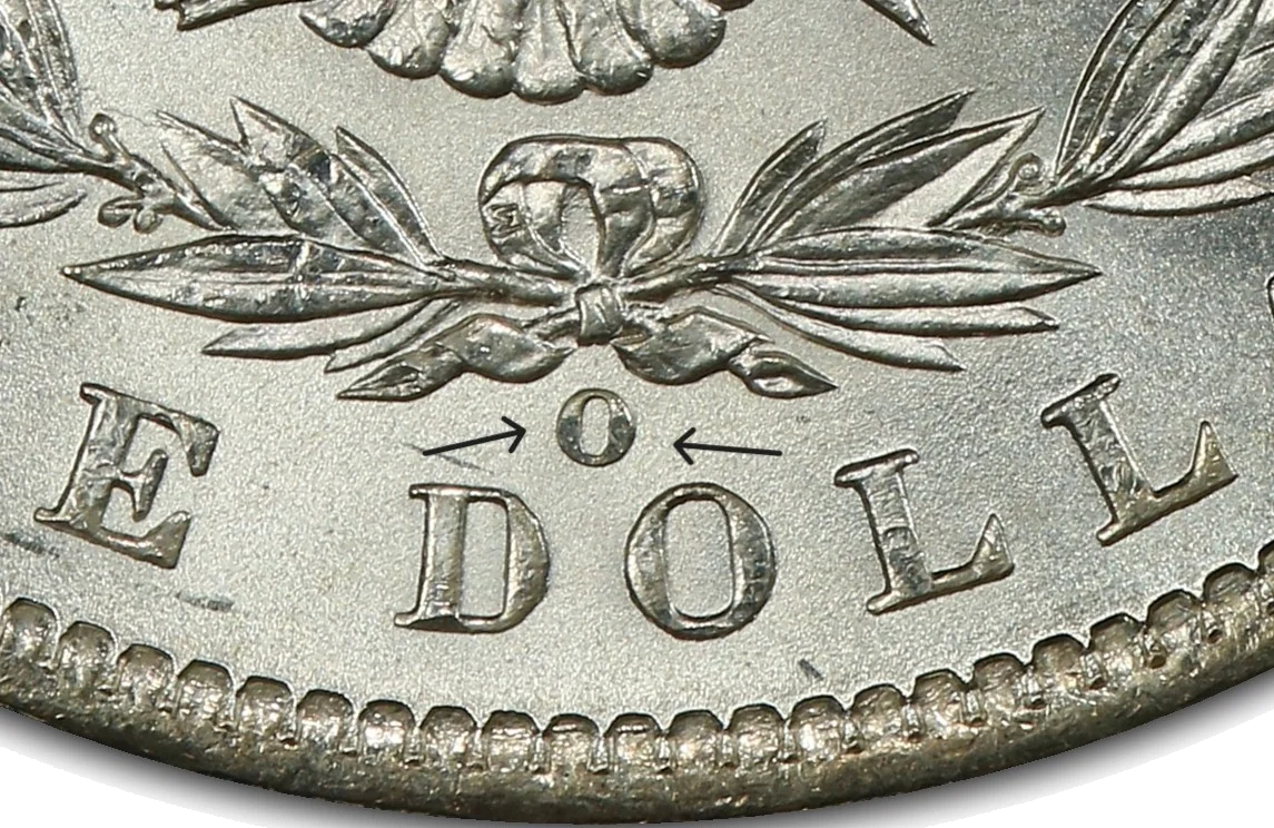 Morgan dollar mint mark location on reverse above DO in DOLLAR