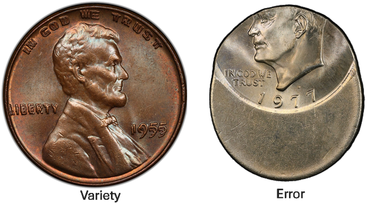 Die variety (doubled die) next to a mint error (off-center strike) showing the difference