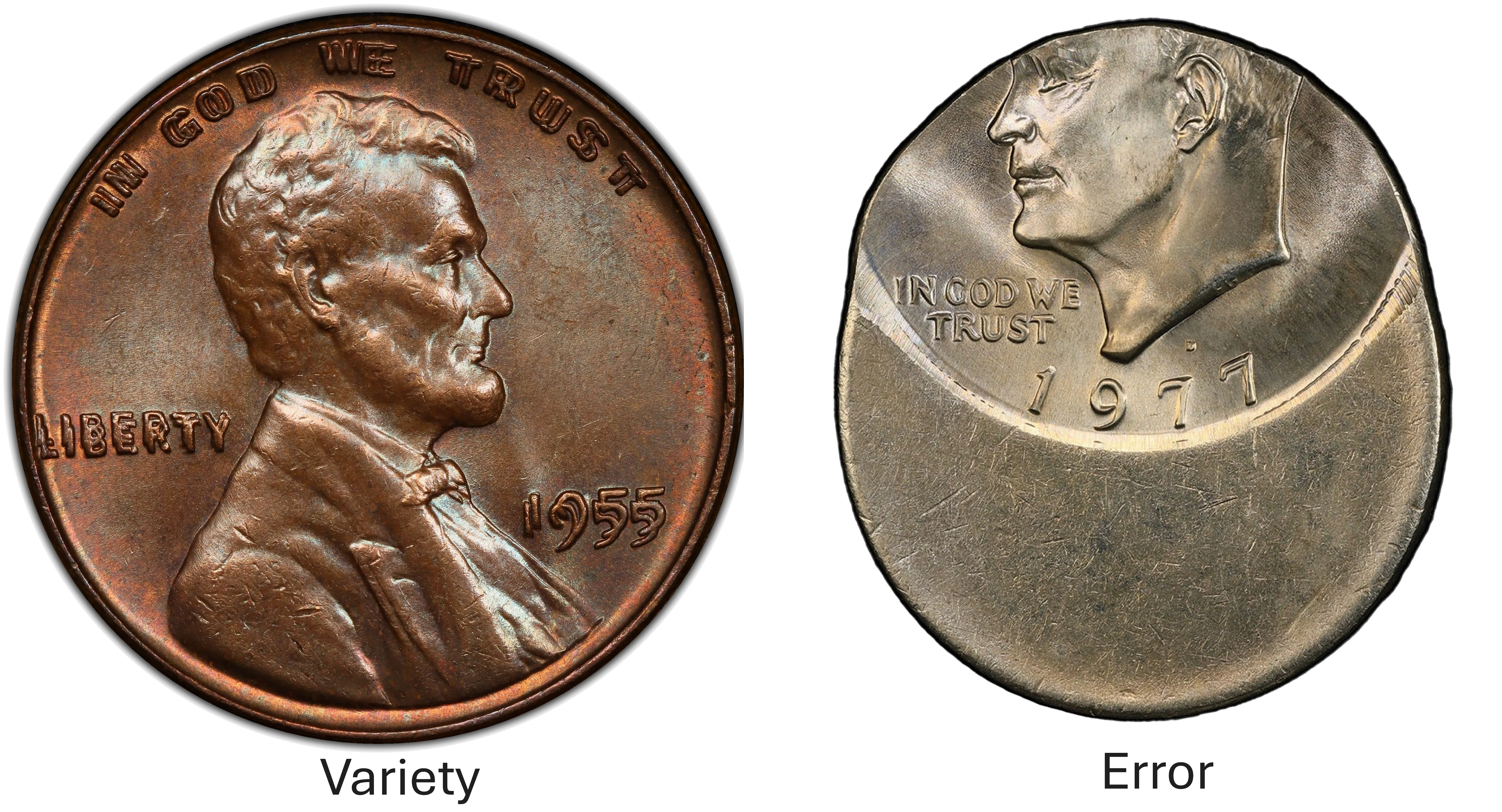 Die variety (doubled die) next to a mint error (off-center strike) showing the difference