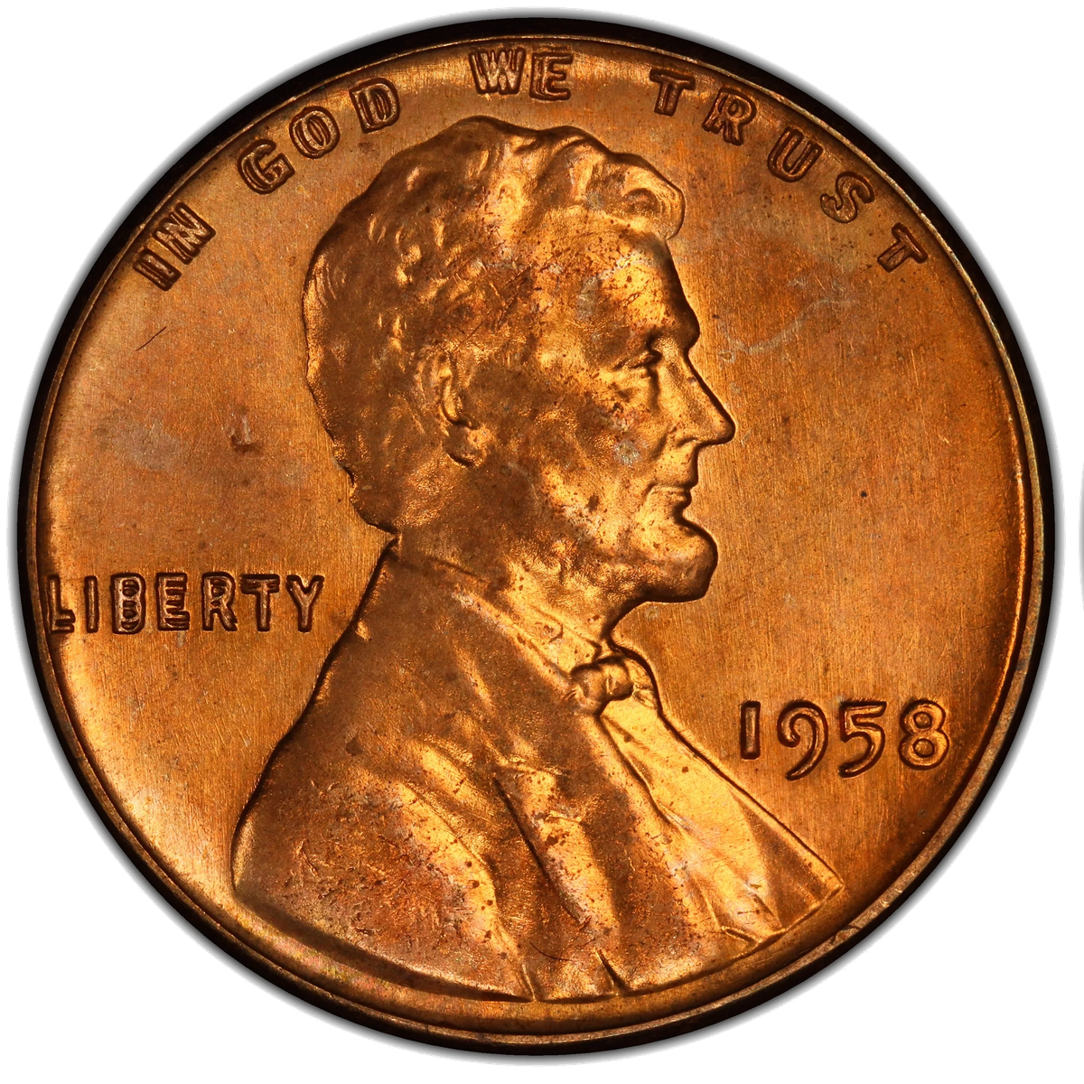 1958 Doubled Die Obverse Lincoln cent showing doubling on IN GOD WE TRUST and date