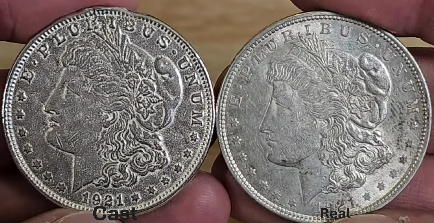 Cast counterfeit porous surface texture compared to genuine struck coin surface
