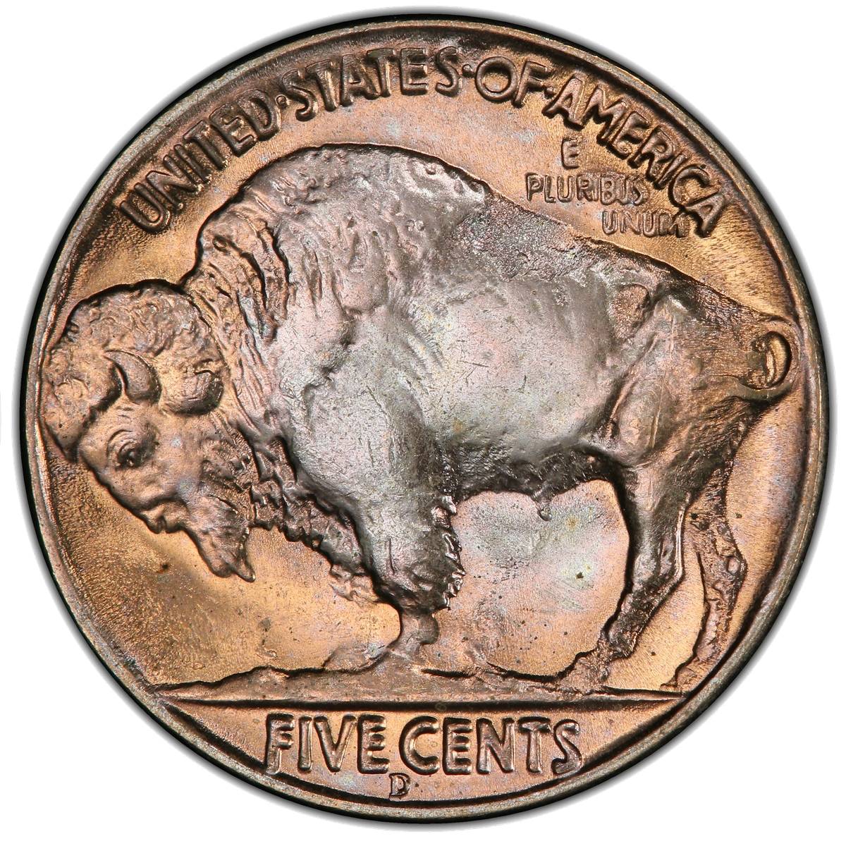 1937-D 3-Legged Buffalo Nickel showing the missing front leg