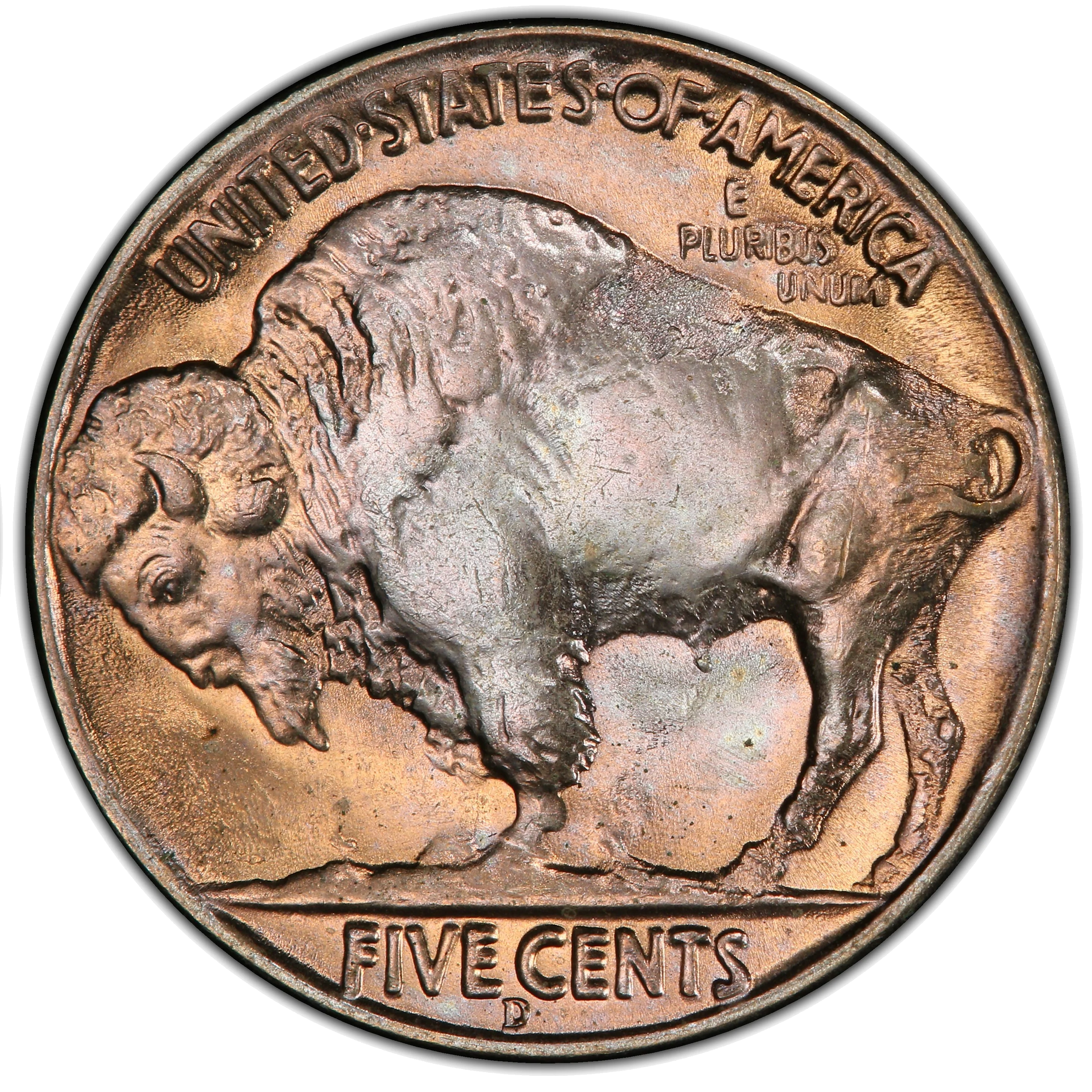 1937-D 3-Legged Buffalo Nickel showing the missing front leg