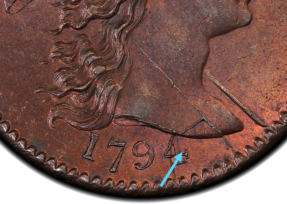 1794 Liberty Cap large cent, close-up of the date and lower portrait — a raised die crack rises from the rim through the 4 of the date into Liberty's hair