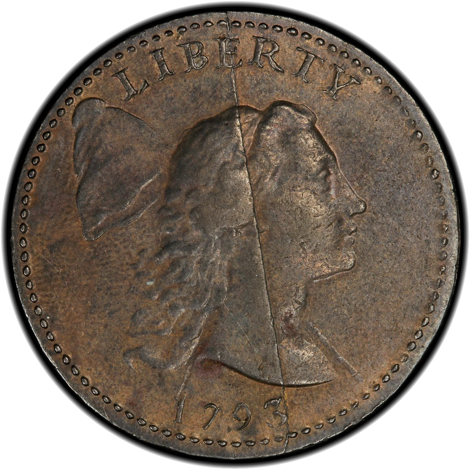 1793 Liberty Cap large cent obverse split die — a raised ridge runs from the bottom rim through the date and portrait to the top rim