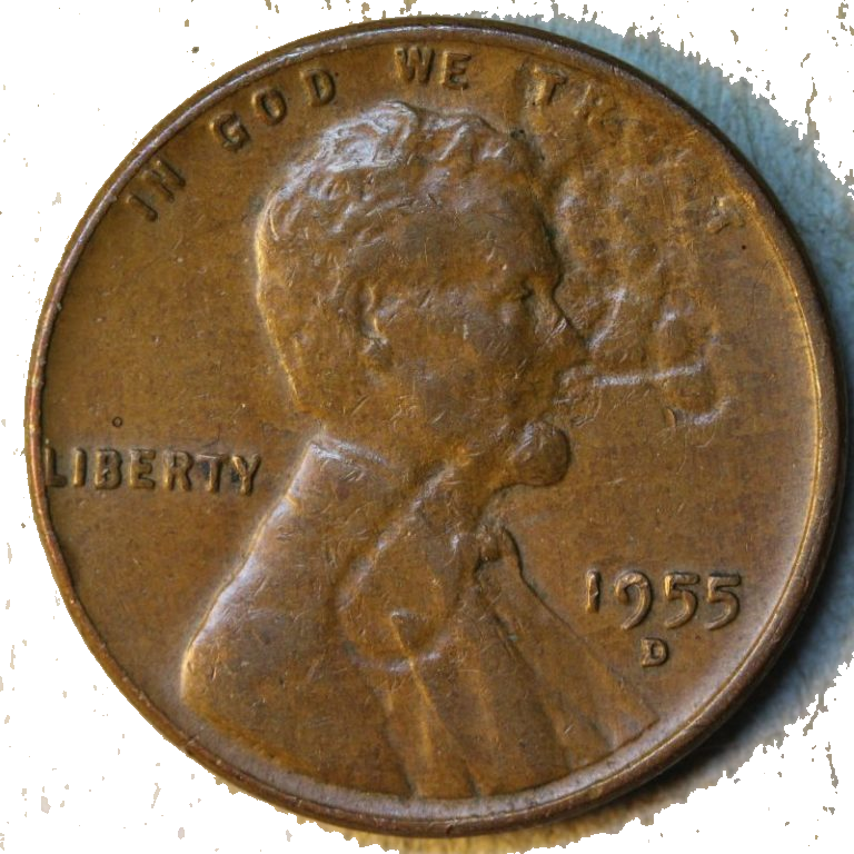 1955-D Lincoln cent struck through a string or thread — a curved line impression runs across Lincoln’s portrait