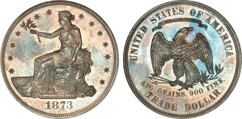 1873 Trade dollar, obverse and reverse — Liberty seated facing west with an olive branch, and the reverse reading 420 GRAINS, 900 FINE