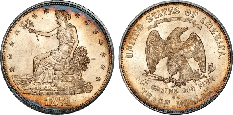 1874-CC Trade dollar, obverse and reverse, showing the CC mint mark below the eagle