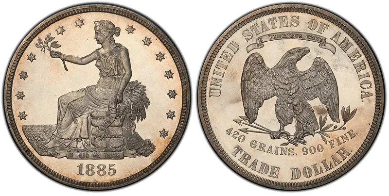 1885 proof Trade dollar, obverse and reverse — approximately five examples are known