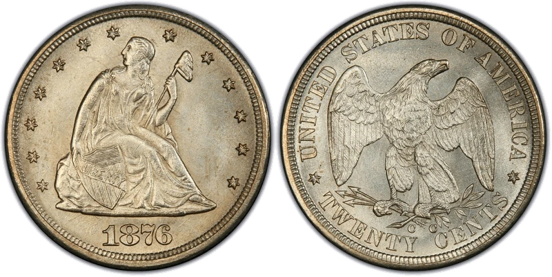 1876-CC twenty-cent piece, obverse and reverse — mintage 10,000, most melted