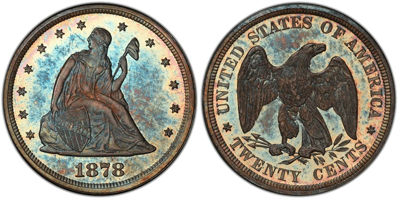 1878 proof twenty-cent piece, obverse and reverse — the final year, proof only, about 600 struck