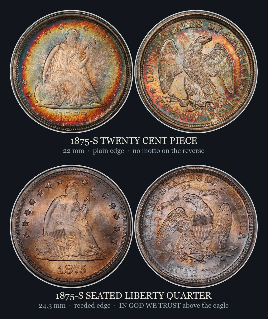 An 1875-S twenty-cent piece above an 1875-S Seated Liberty quarter, obverse and reverse of each — the same Seated Liberty, near-identical size, the quarter carrying IN GOD WE TRUST above the eagle and the twenty-cent carrying no motto