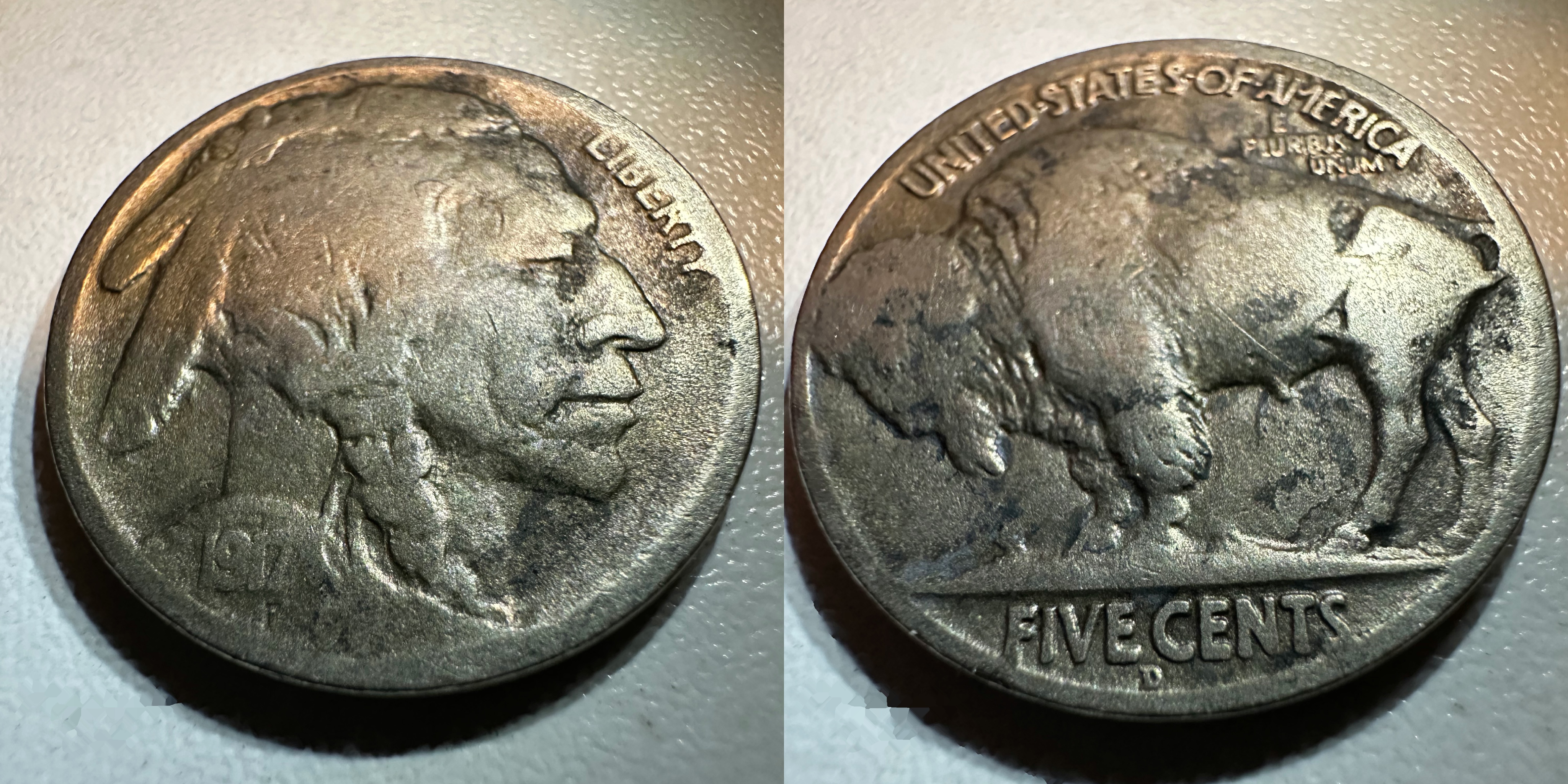 1917-D Buffalo Nickel Two Feather variety — second example showing toning
