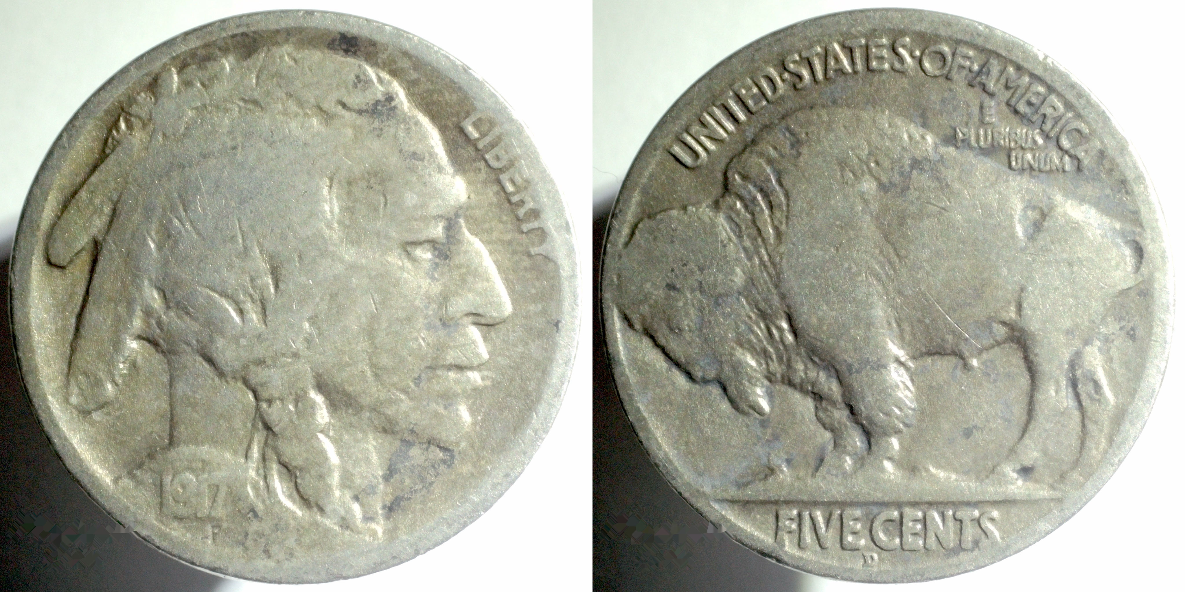 1917-D Buffalo Nickel Two Feather variety — obverse and reverse