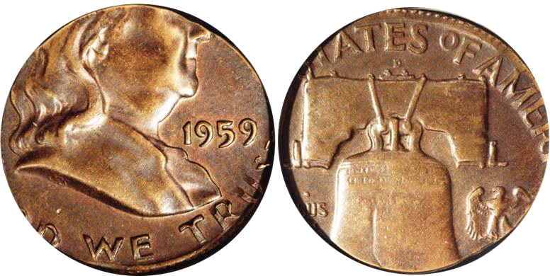1959-D Franklin Half Dollar struck on a Lincoln cent planchet — only the center of the half dollar design appears on the tiny copper disc