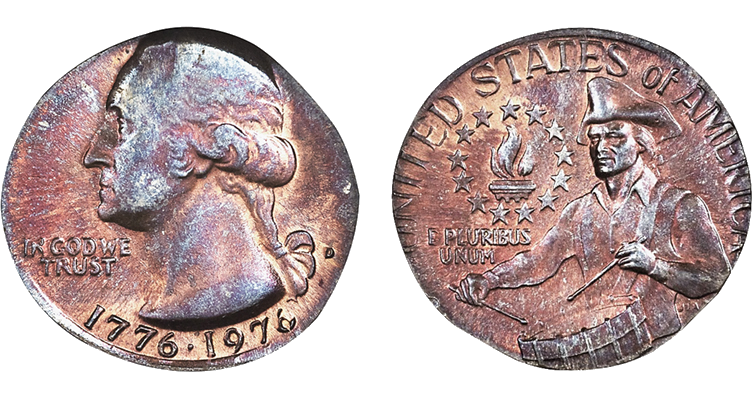1976-D Bicentennial quarter struck on a Lincoln cent planchet — the dual-dated quarter design appears on a small copper disc