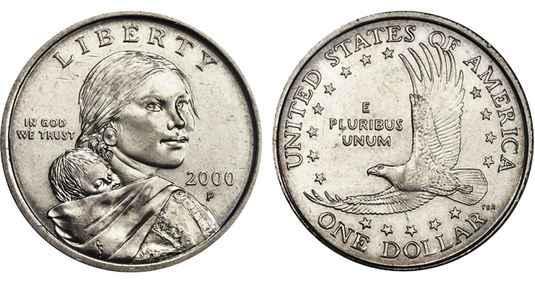 2000-P Sacagawea Dollar struck on a Susan B. Anthony dollar planchet — the golden dollar design appears on a silver-colored clad disc with a reeded edge